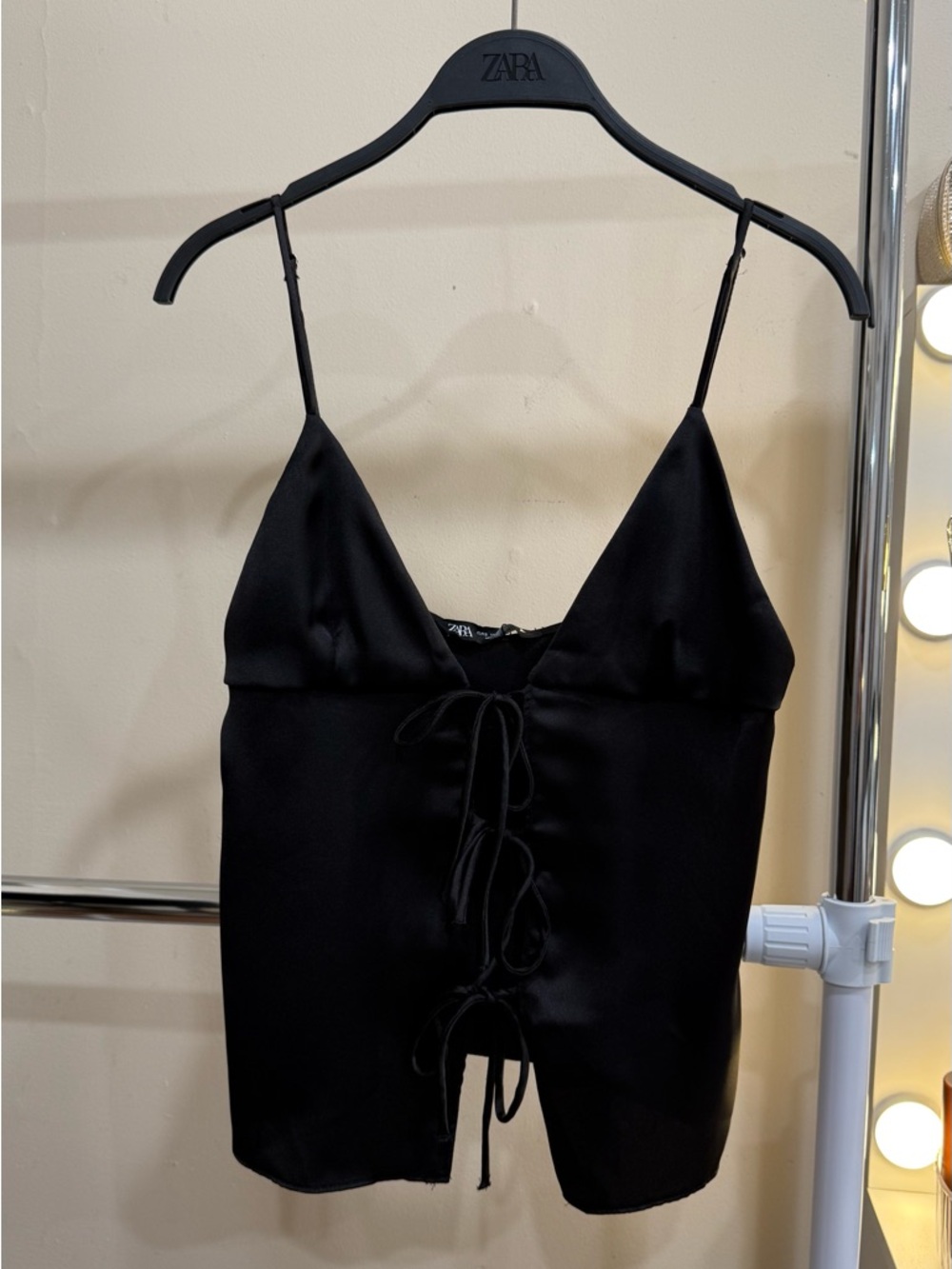 ZARA Black Satin Tie Front Corset Top Cami Strappy Size S NWT